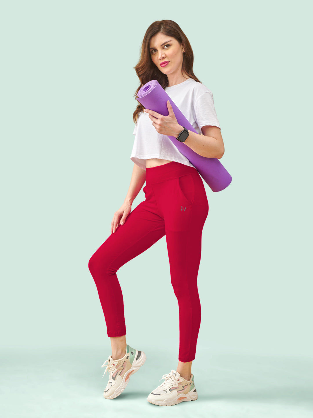 Red High Rise Ankle Length Leggings