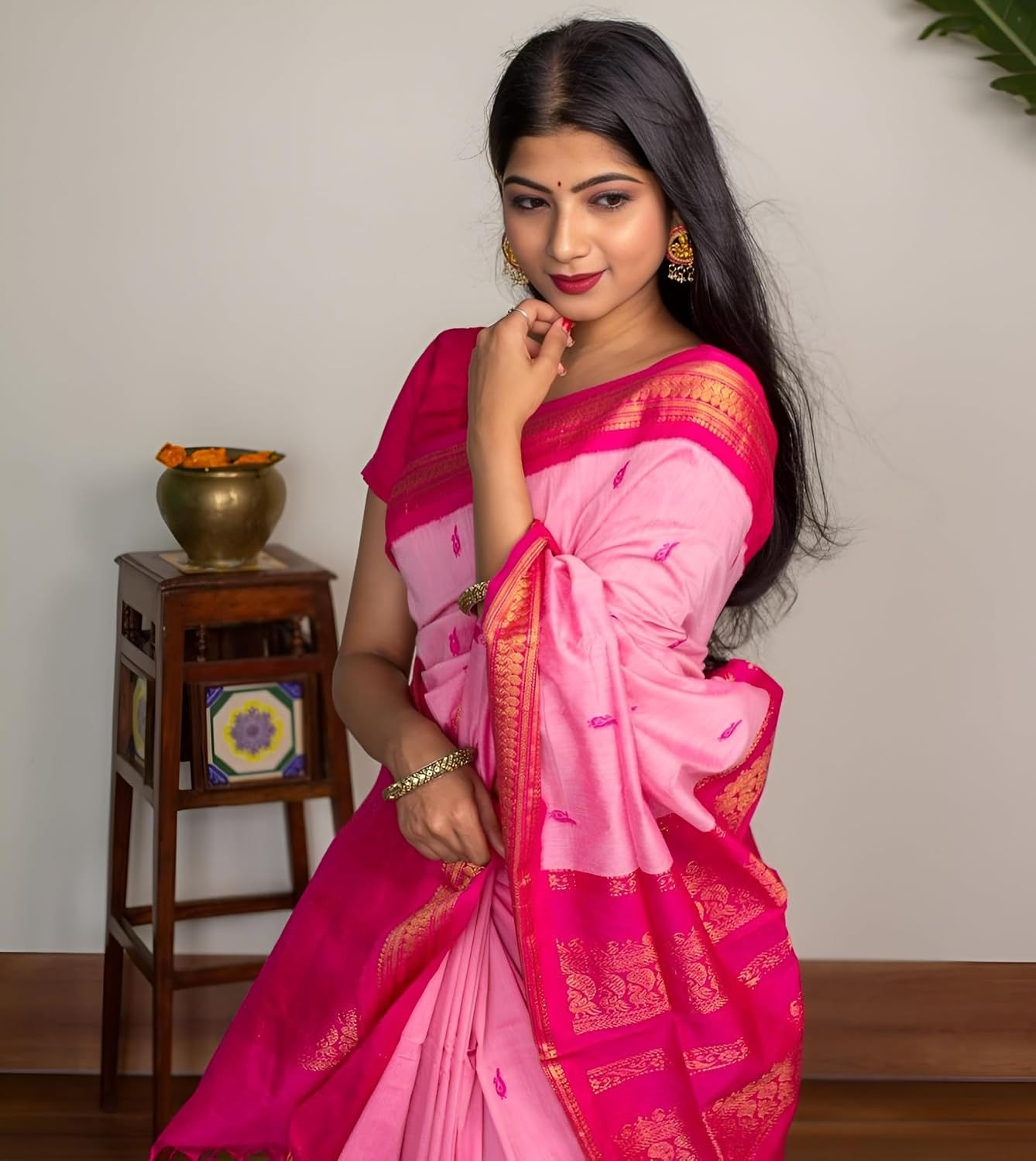ILAIYAAL CLOTHINGS South Cotton Gadwal Saree for Women | Celebrity Inspired Traditional Ethnic Wear | Chettinad & Kalyani Cotton Sarees | Soft Cotton Saree with Blouse Piece - Pink Rani - Image 4