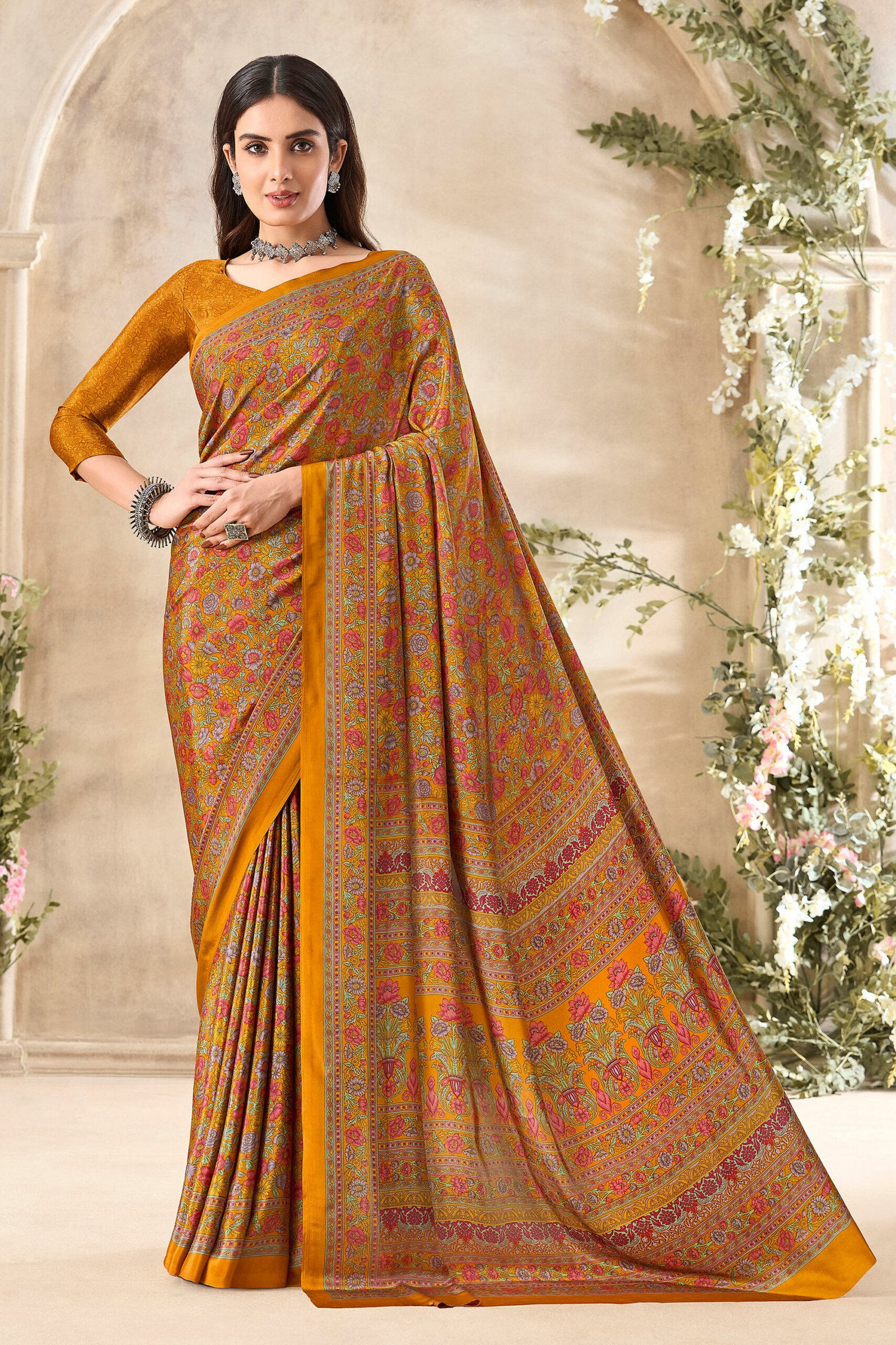 Fascinate Mustard Floral Print Silk Crepe Uniform Saree - Image 1