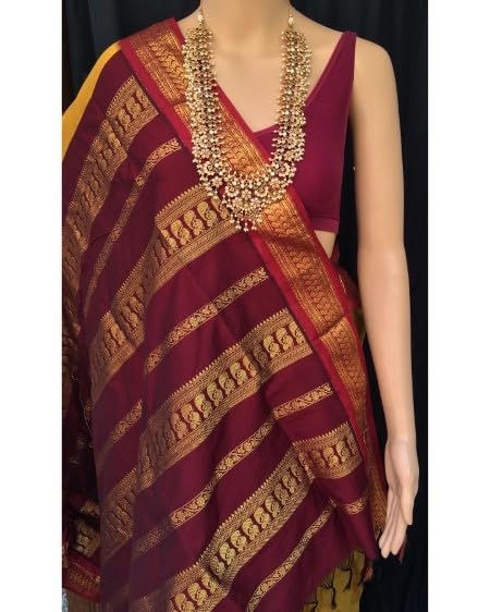 ILAIYAAL CLOTHINGS South Cotton Gadwal Saree for Women | Celebrity Inspired Traditional Ethnic Wear | Chettinad & Kalyani Cotton Sarees | Soft Cotton Saree with Blouse Piece - Mustard Maroon - Image 4