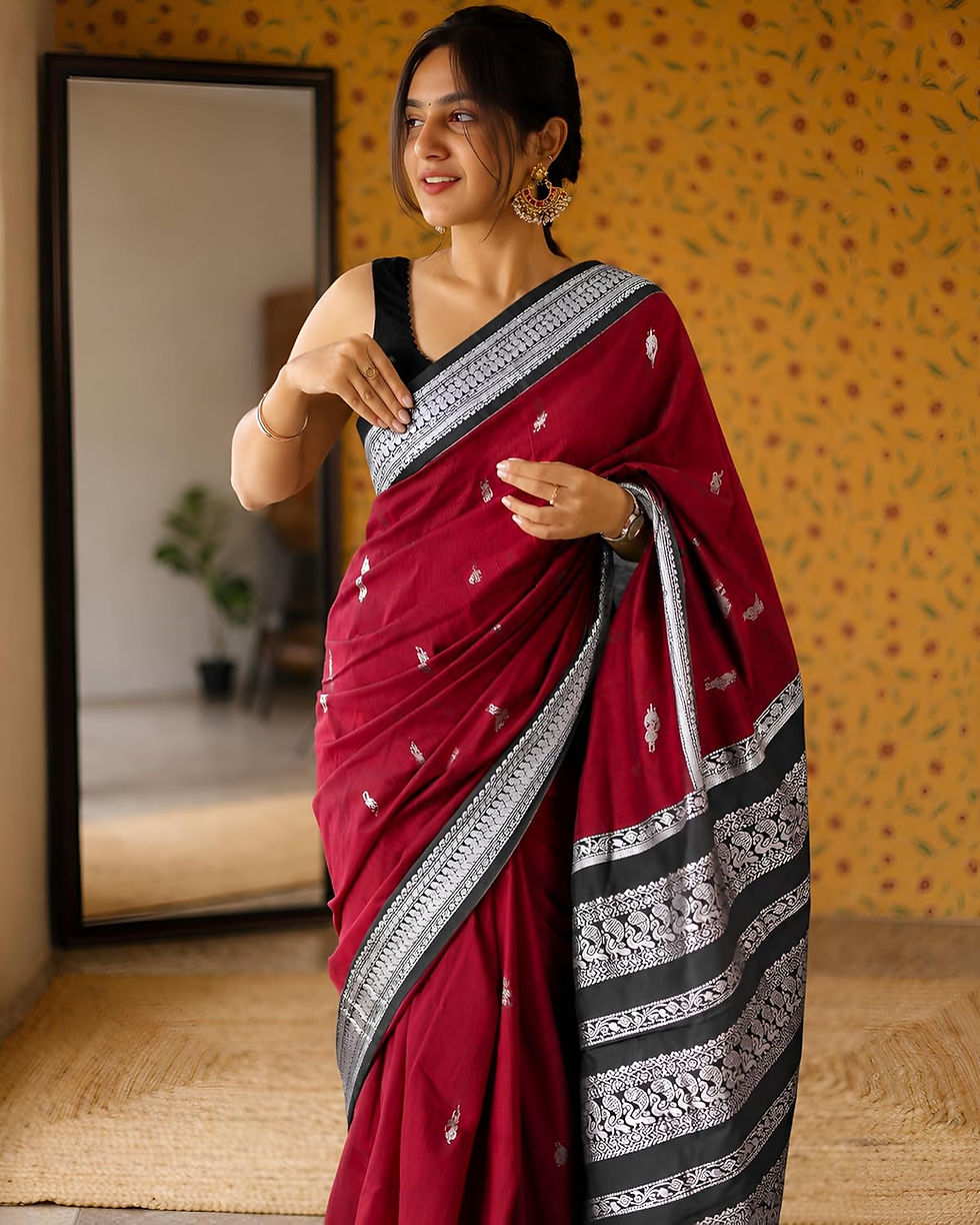 Thumbnail: ILAIYAAL CLOTHINGS South Cotton Gadwal Saree for Women | Celebrity Inspired Traditional Ethnic Wear | Chettinad & Kalyani Cotton Sarees | Soft Cotton Saree with Blouse Piece - Red Black Silver - Image 2