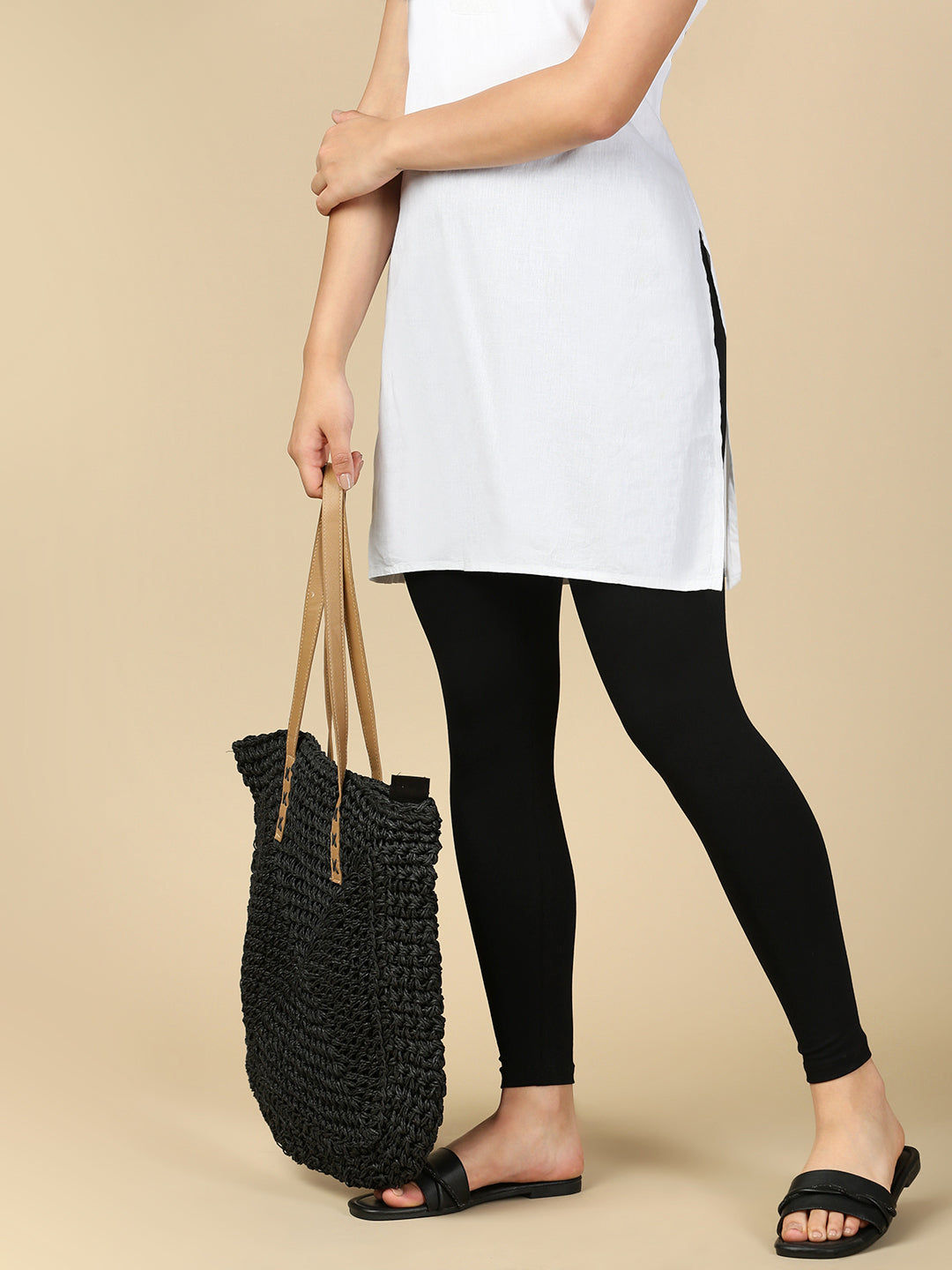 Black Premium Cotton Stretch Ankle Length Leggings