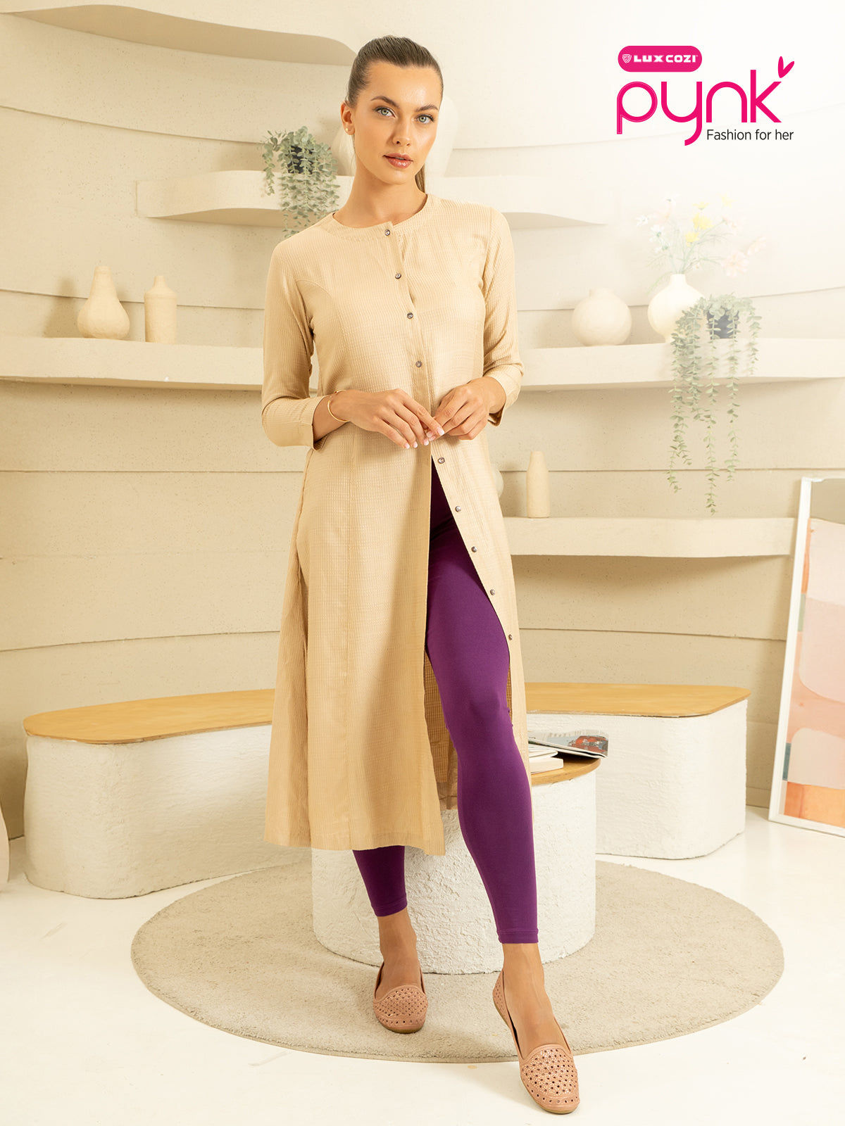 Beige Premium Cotton Stretch Ankle Length Leggings