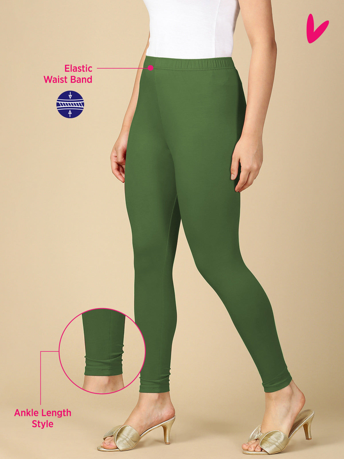Basil Green Premium Cotton Stretch Ankle Length Leggings
