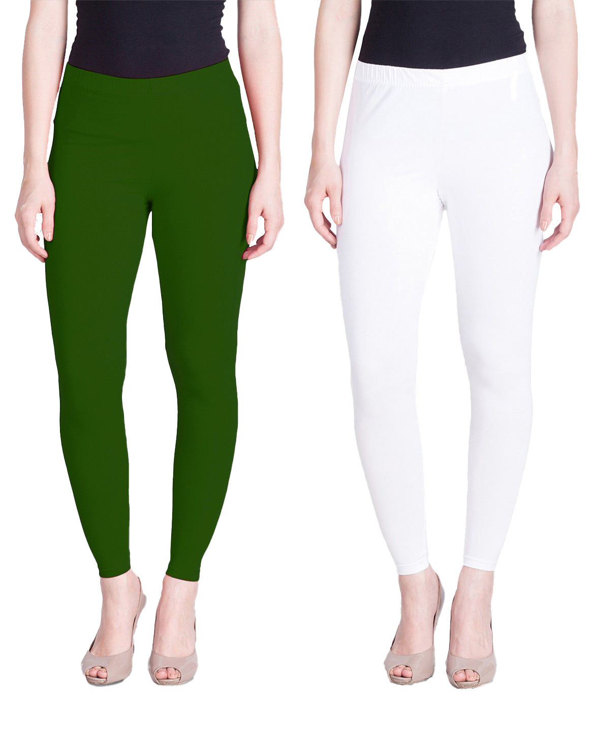 White and Green Ankle Length Leggings Combo Pack