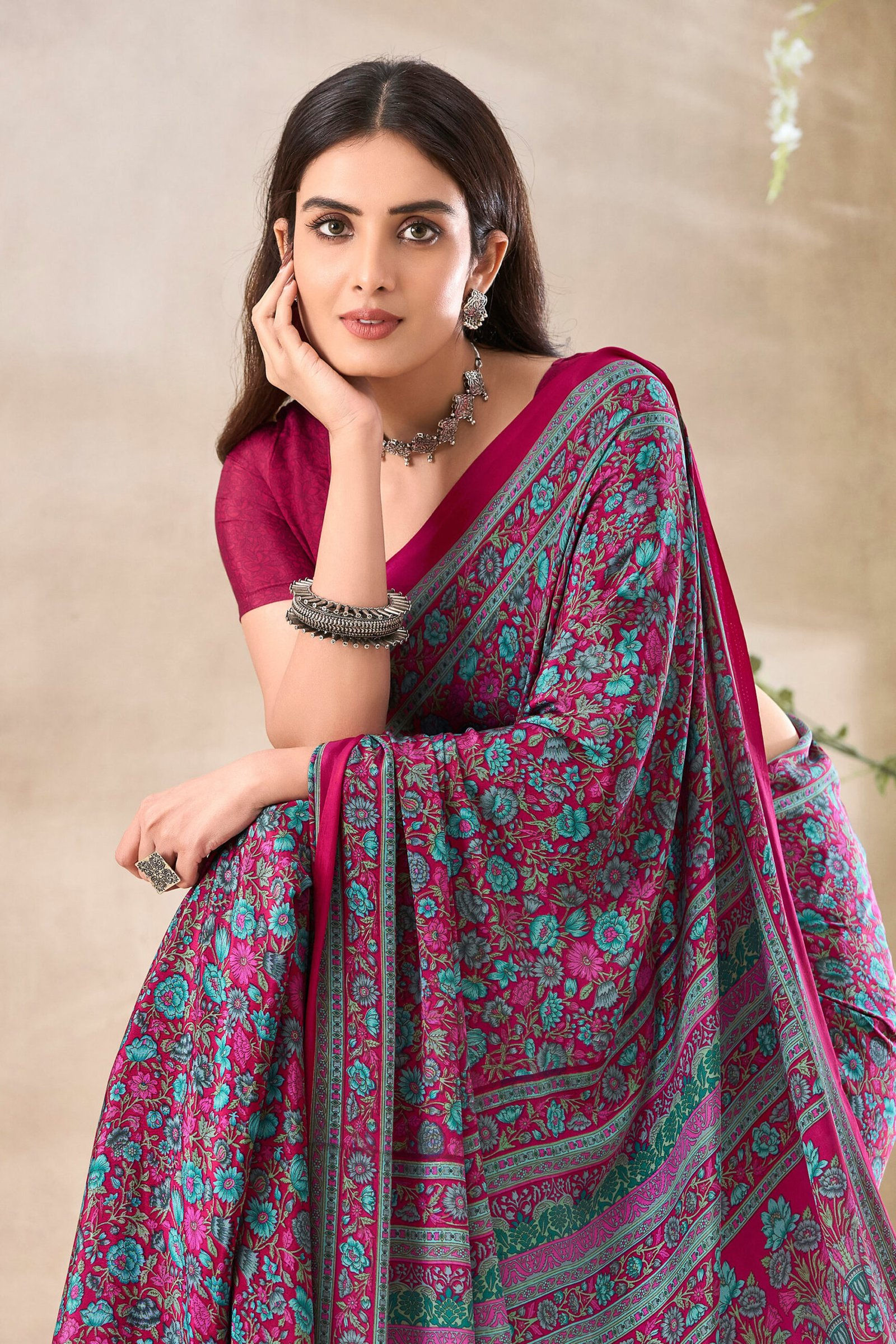 Splendiferous Magenta Floral Print Silk Crepe Uniform Saree - Image 2
