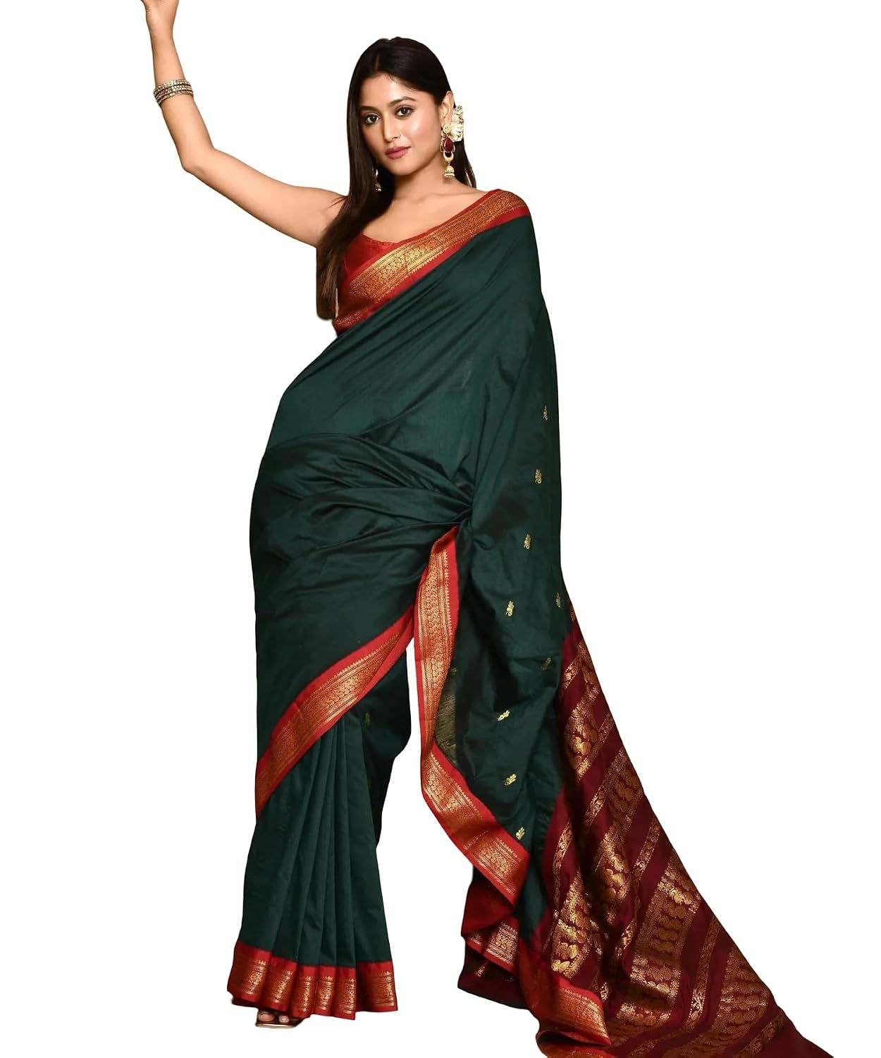 ILAIYAAL CLOTHINGS South Cotton Gadwal Saree for Women | Celebrity Inspired Traditional Ethnic Wear | Chettinad & Kalyani Cotton Sarees | Soft Cotton Saree with Blouse Piece - Green Maroon - Image 1