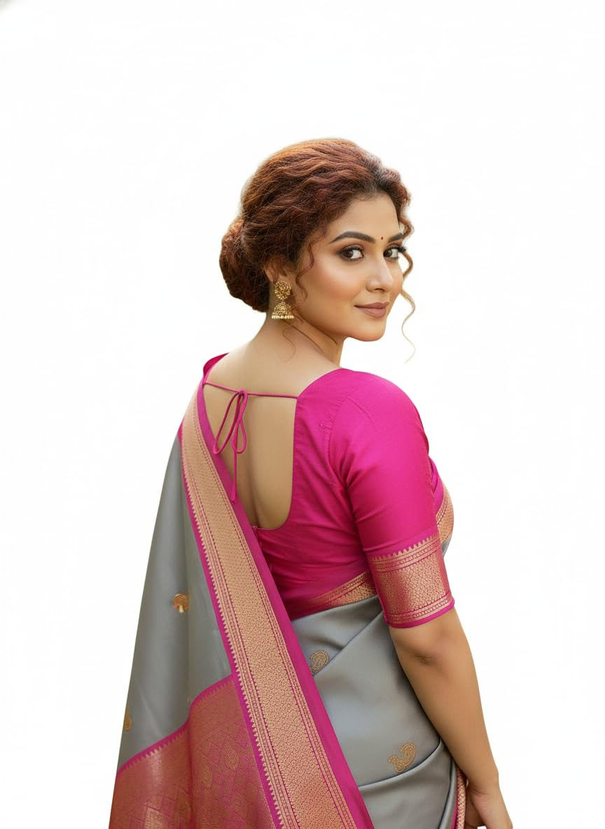 NYCEEBA Grey & Pink Paithani Sico Silk Saree (Heavy Zari Border) - Image 3