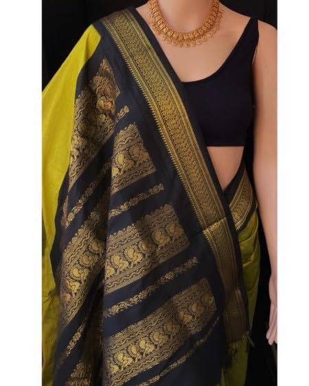 ILAIYAAL CLOTHINGS South Cotton Gadwal Saree for Women | Celebrity Inspired Traditional Ethnic Wear | Chettinad & Kalyani Cotton Sarees | Soft Cotton Saree with Blouse Piece - Light Mehndi Green Black - Image 4