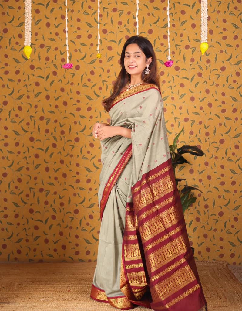 ILAIYAAL CLOTHINGS South Cotton Gadwal Saree for Women | Celebrity Inspired Traditional Ethnic Wear | Chettinad & Kalyani Cotton Sarees | Soft Cotton Saree with Blouse Piece - Grey Brown - Image 3
