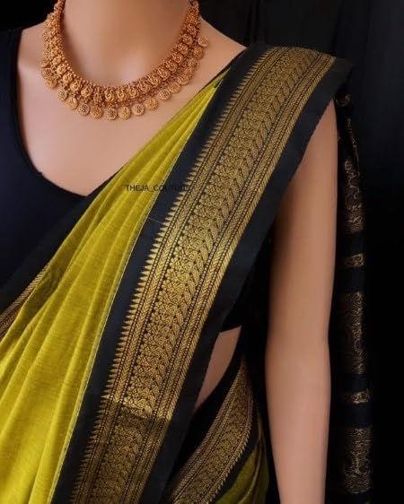 ILAIYAAL CLOTHINGS South Cotton Gadwal Saree for Women | Celebrity Inspired Traditional Ethnic Wear | Chettinad & Kalyani Cotton Sarees | Soft Cotton Saree with Blouse Piece - Light Mehndi Green Black - Image 3