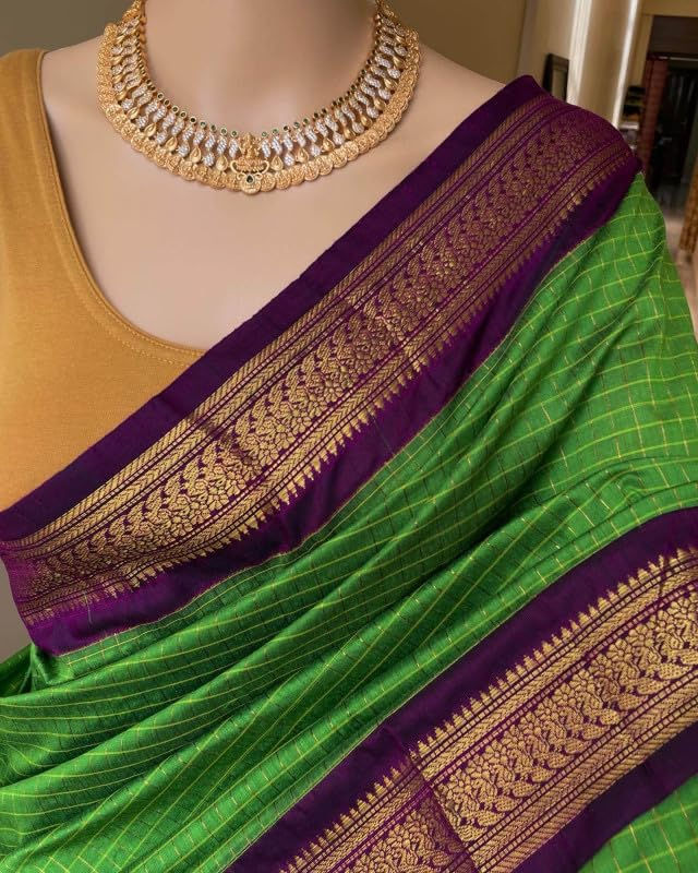 ILAIYAAL CLOTHINGS South Cotton Gadwal Saree for Women | Celebrity Inspired Traditional Ethnic Wear | Chettinad & Kalyani Cotton Sarees | Soft Cotton Saree with Blouse Piece - Mint Green Purple - Image 4