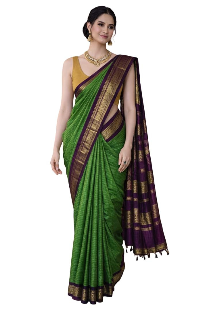ILAIYAAL CLOTHINGS South Cotton Gadwal Saree for Women | Celebrity Inspired Traditional Ethnic Wear | Chettinad & Kalyani Cotton Sarees | Soft Cotton Saree with Blouse Piece - Mint Green Purple - Image 1