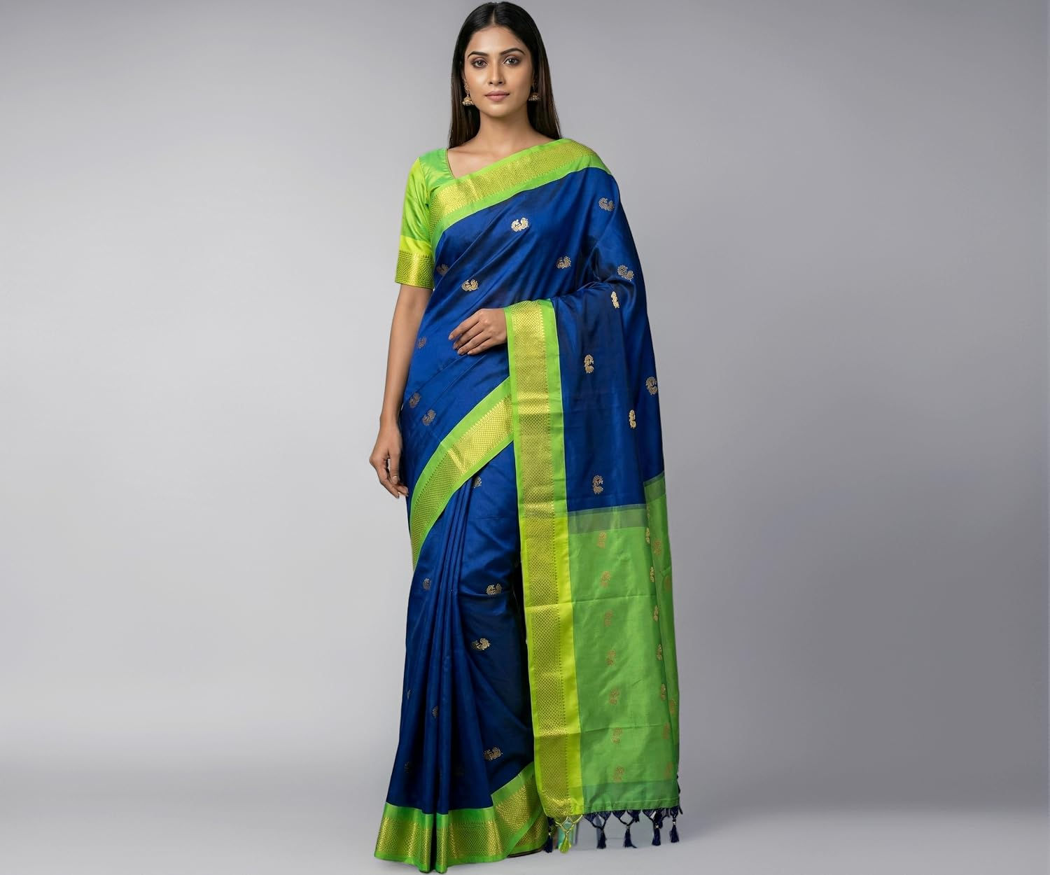 Navy Blue & Lime Green Soft Cotton Sico Silk Saree with Intricate Gold Zari Border & Tassels - Image 1