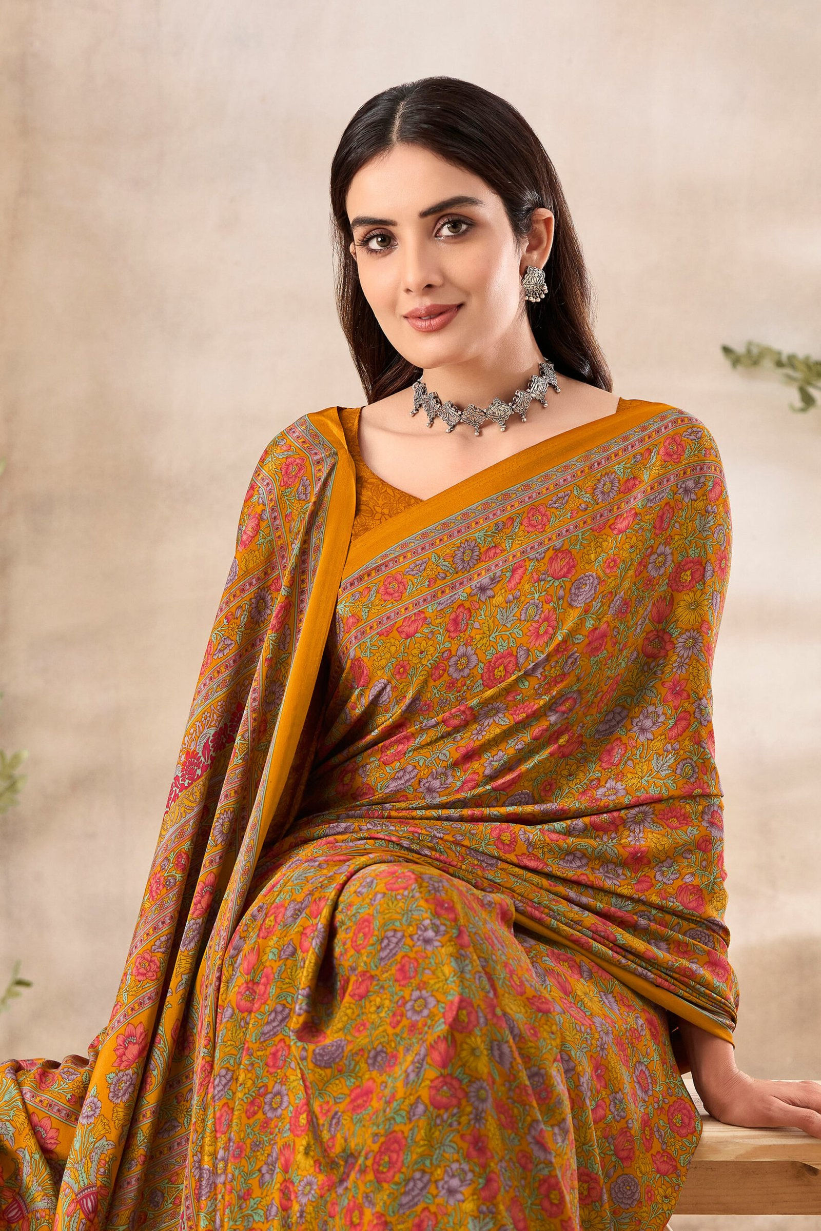 Fascinate Mustard Floral Print Silk Crepe Uniform Saree - Image 2
