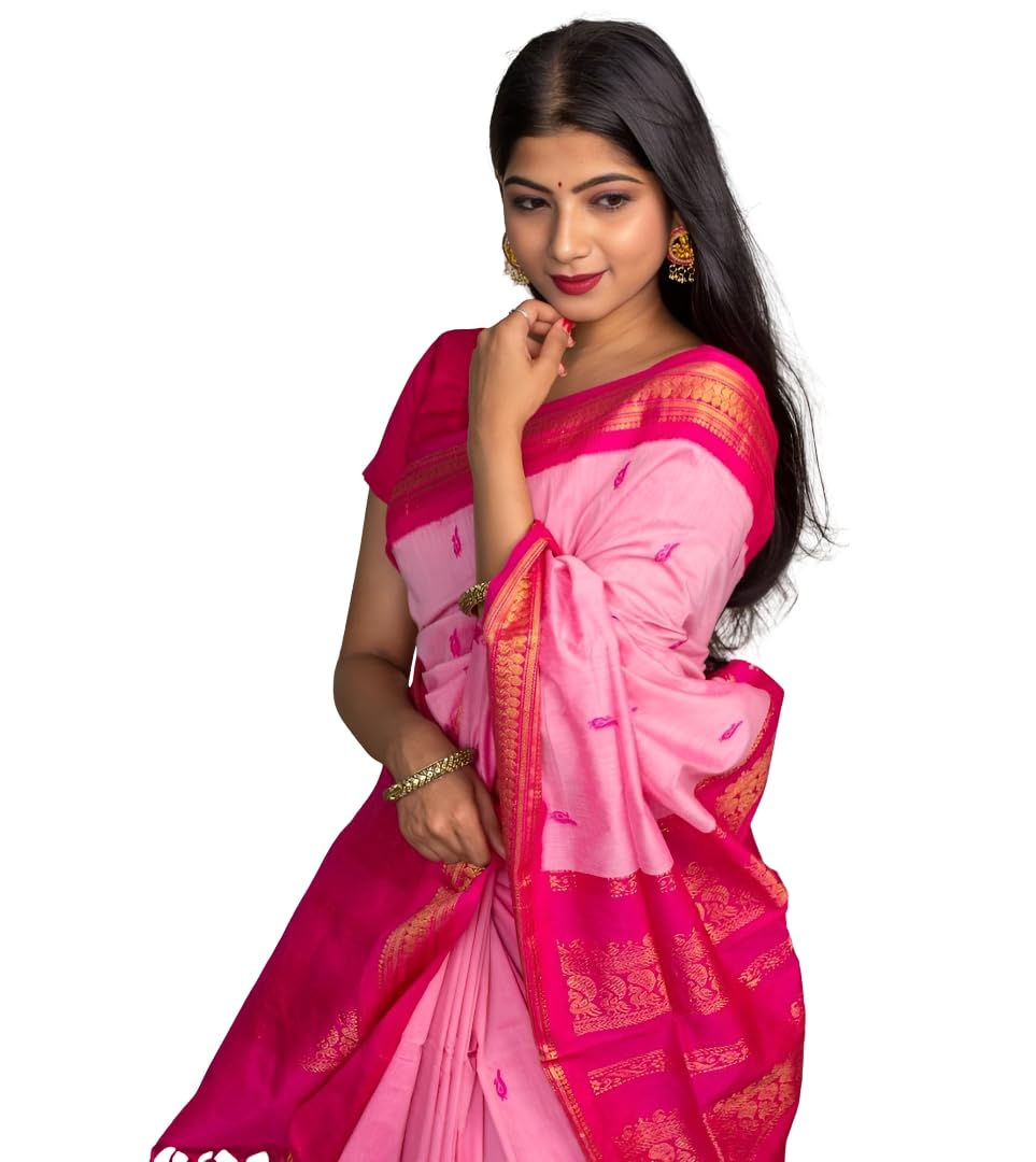 ILAIYAAL CLOTHINGS South Cotton Gadwal Saree for Women | Celebrity Inspired Traditional Ethnic Wear | Chettinad & Kalyani Cotton Sarees | Soft Cotton Saree with Blouse Piece - Pink Rani - Image 1