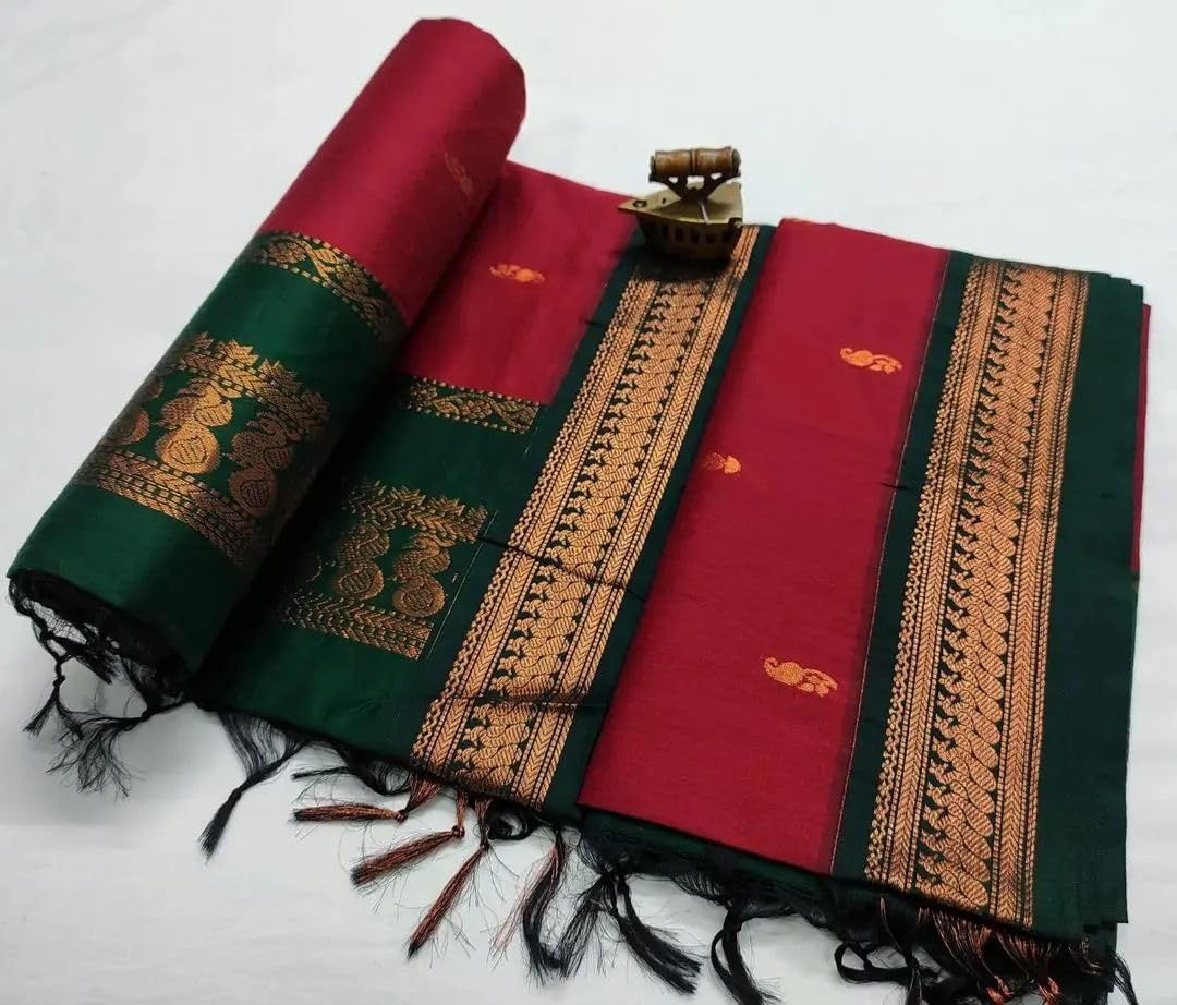 ILAIYAAL CLOTHINGS South Cotton Gadwal Saree for Women | Celebrity Inspired Traditional Ethnic Wear | Chettinad & Kalyani Cotton Sarees | Soft Cotton Saree with Blouse Piece - Red Copper - Image 4