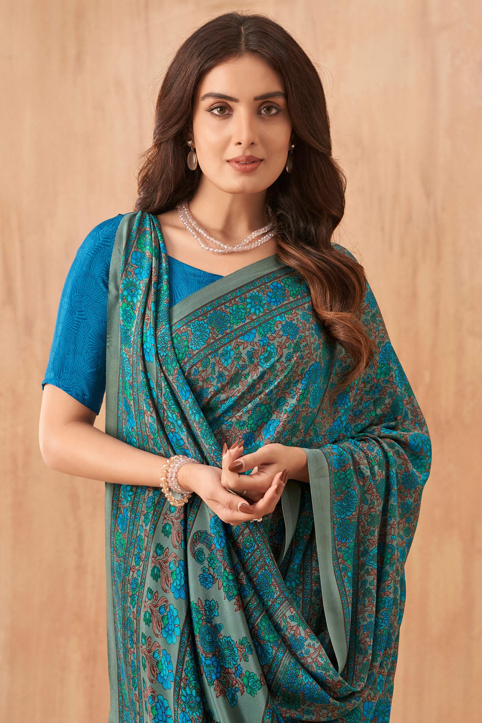 Crepe Silk Teal Showroom Uniform Saree - Image 2