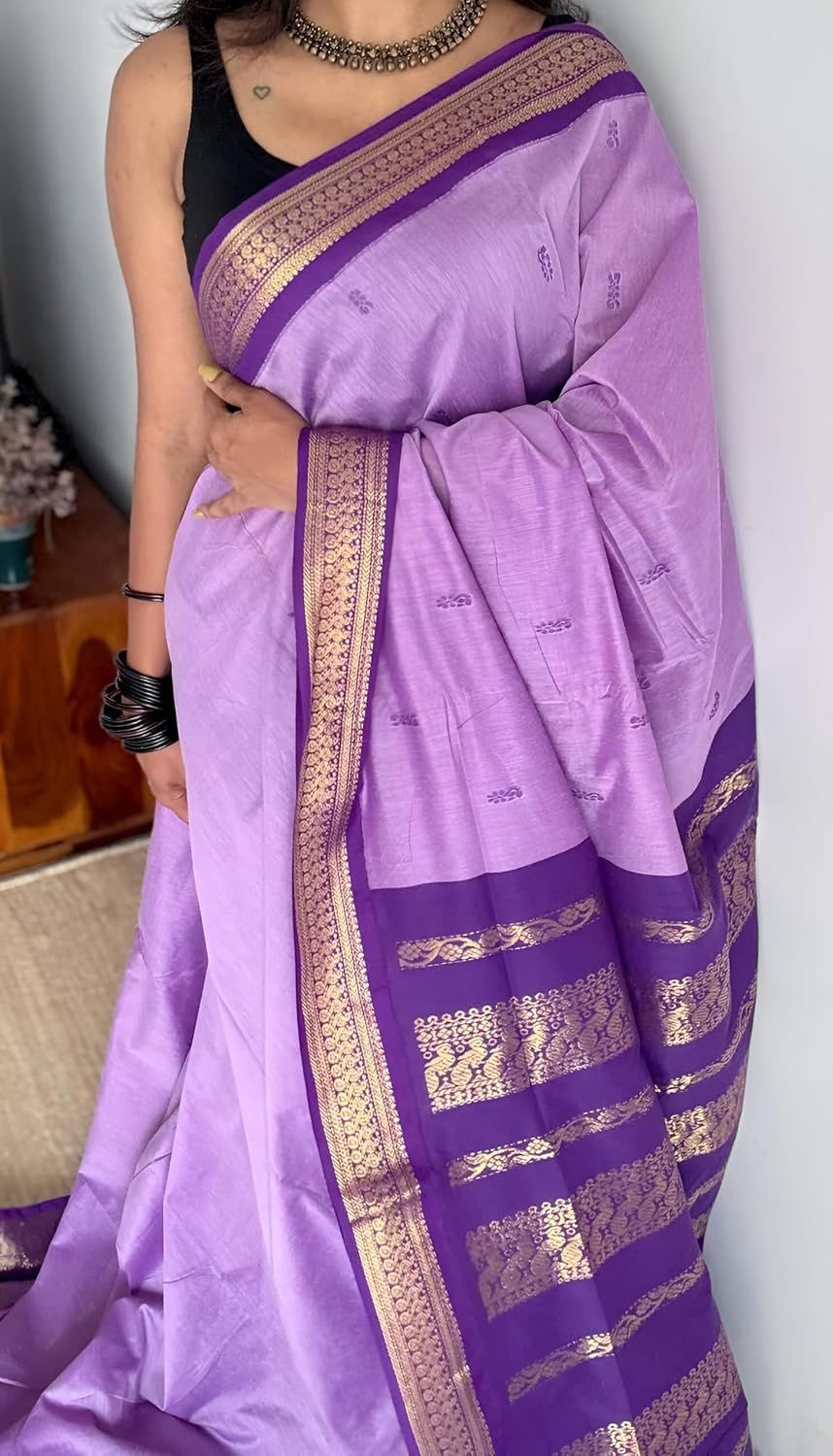ILAIYAAL CLOTHINGS South Cotton Gadwal Saree for Women | Celebrity Inspired Traditional Ethnic Wear | Chettinad & Kalyani Cotton Sarees | Soft Cotton Saree with Blouse Piece - Lavender - Image 2