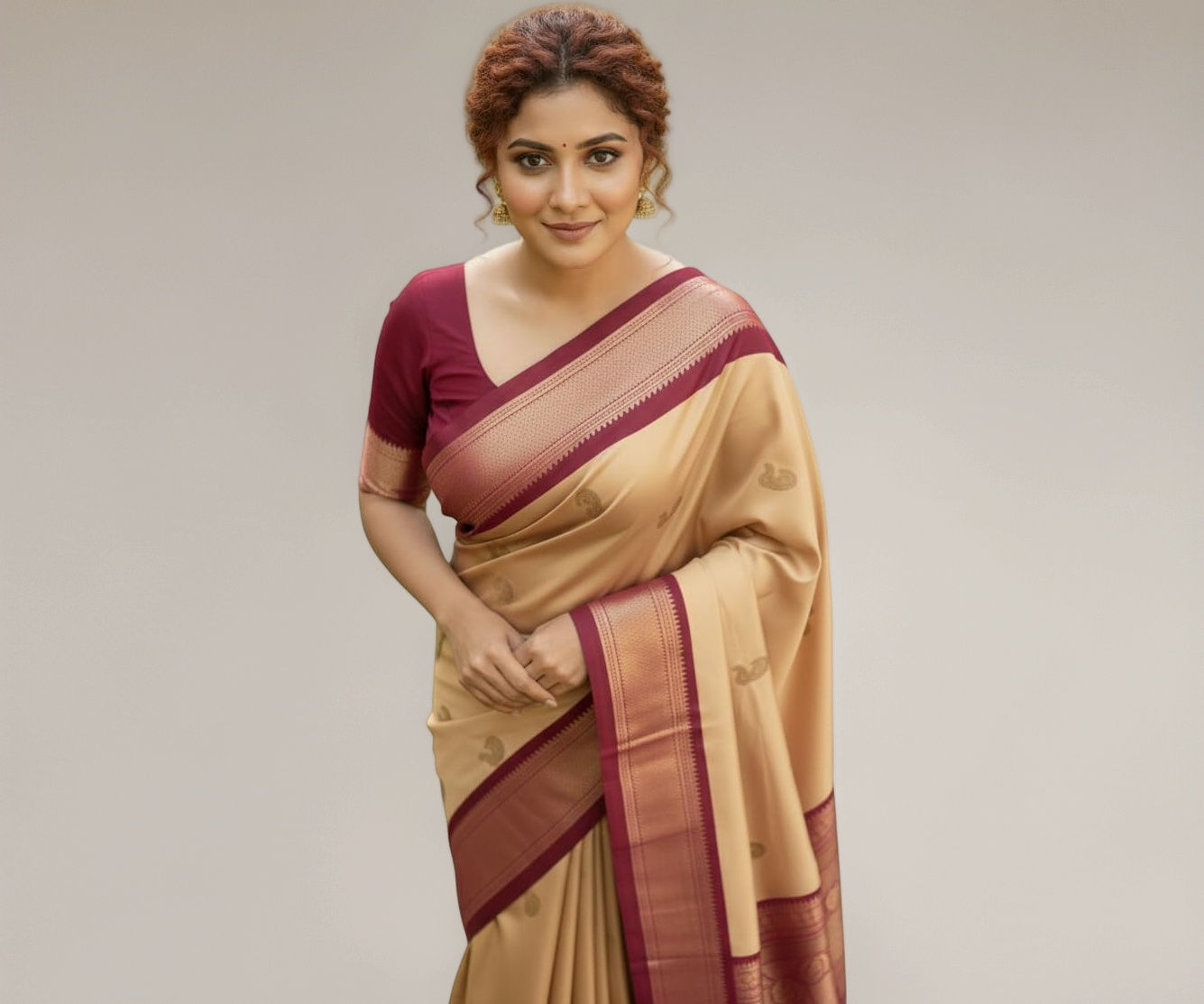 Official Look Cream Color Traditional Design Paithani Cotton Sico Silk Saree - Image 1