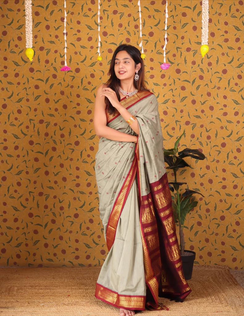 ILAIYAAL CLOTHINGS South Cotton Gadwal Saree for Women | Celebrity Inspired Traditional Ethnic Wear | Chettinad & Kalyani Cotton Sarees | Soft Cotton Saree with Blouse Piece - Grey Brown - Image 4