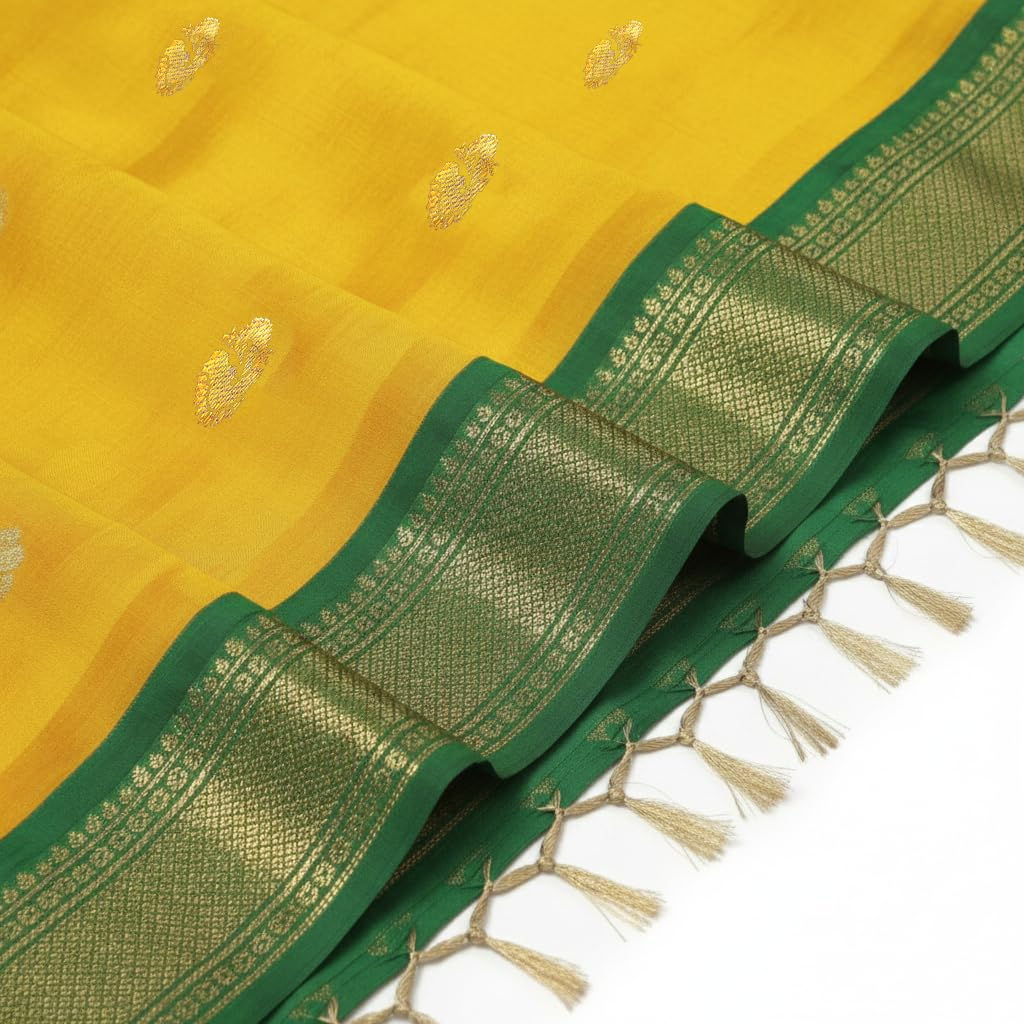 Traditional Haldi Special MangoYellow Saree with Contrast Green Zari Work & Blouse - Image 4
