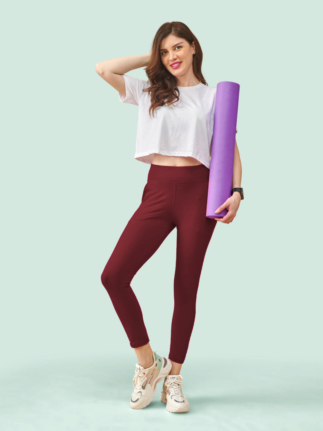 Maroon High Rise Ankle Length Leggings
