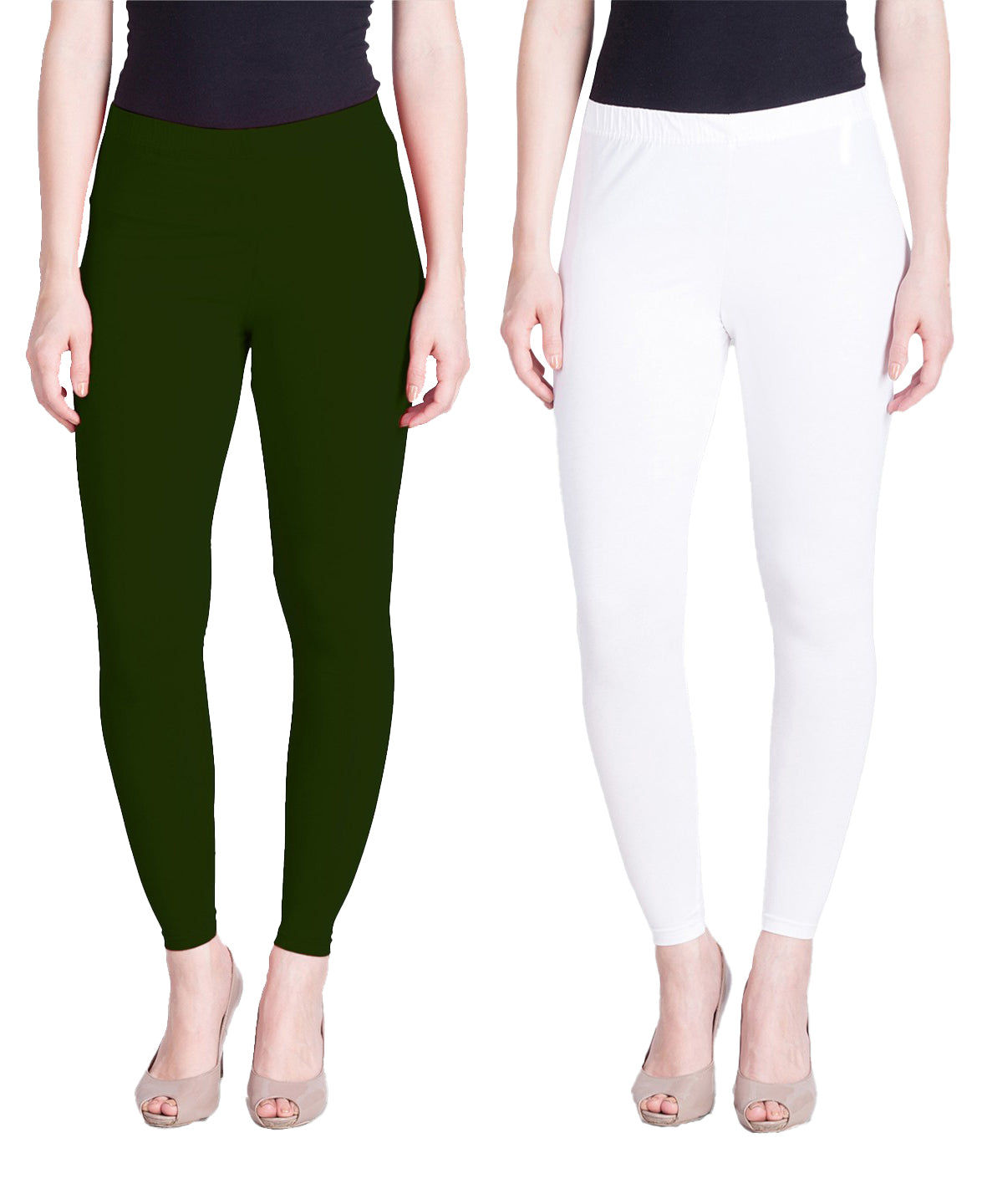 White and Green Ankle Length Leggings Combo Pack