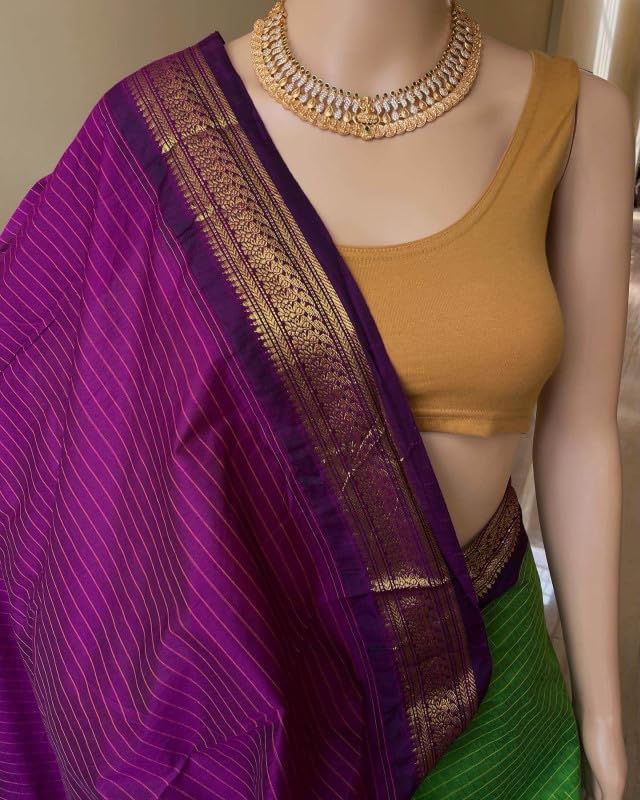 ILAIYAAL CLOTHINGS South Cotton Gadwal Saree for Women | Celebrity Inspired Traditional Ethnic Wear | Chettinad & Kalyani Cotton Sarees | Soft Cotton Saree with Blouse Piece - Mint Green Purple - Image 6
