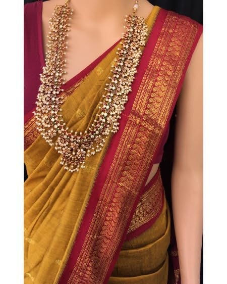 ILAIYAAL CLOTHINGS South Cotton Gadwal Saree for Women | Celebrity Inspired Traditional Ethnic Wear | Chettinad & Kalyani Cotton Sarees | Soft Cotton Saree with Blouse Piece - Mustard Maroon - Image 3