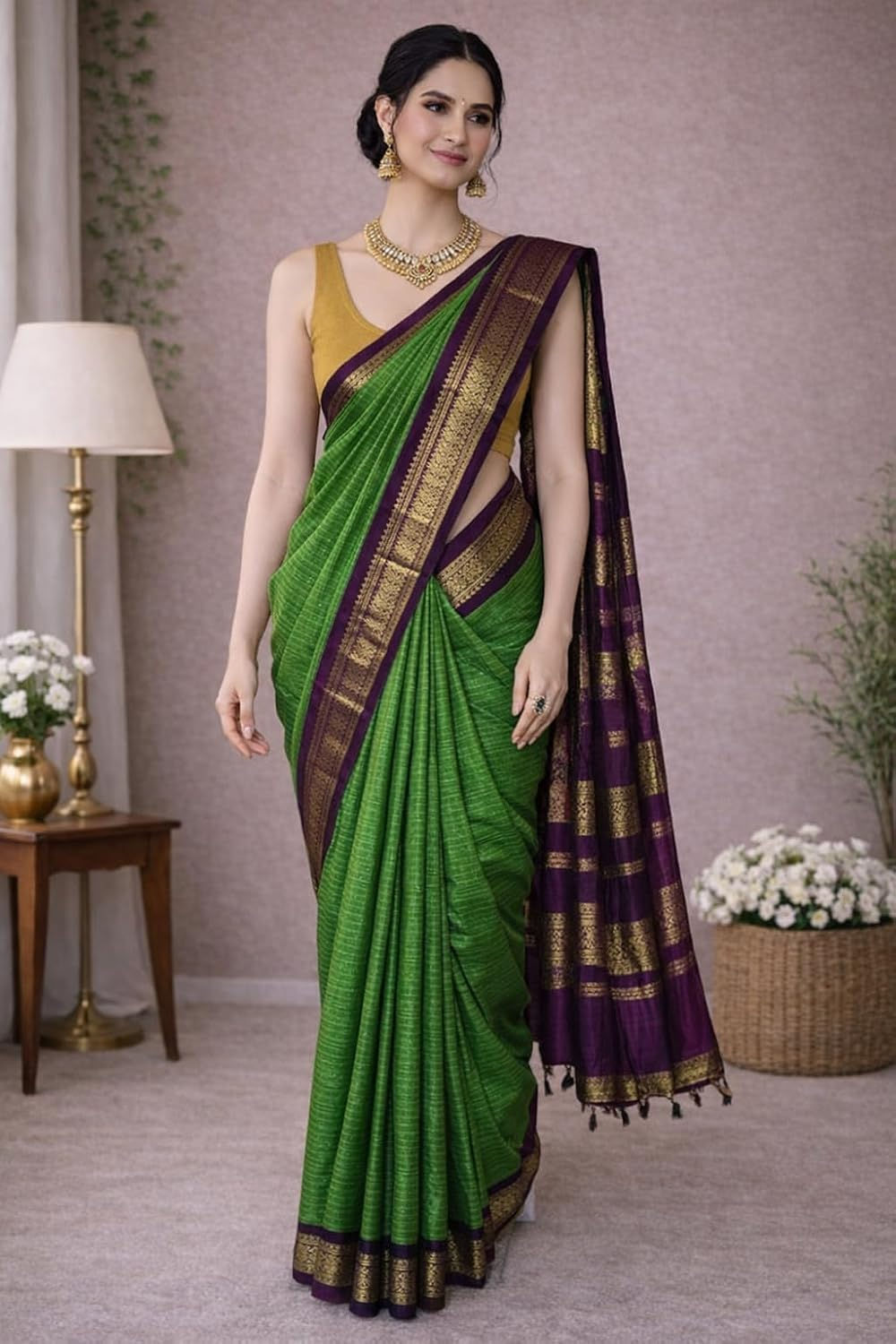 ILAIYAAL CLOTHINGS South Cotton Gadwal Saree for Women | Celebrity Inspired Traditional Ethnic Wear | Chettinad & Kalyani Cotton Sarees | Soft Cotton Saree with Blouse Piece - Mint Green Purple - Image 2