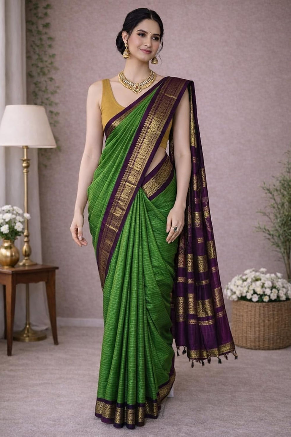 Thumbnail: ILAIYAAL CLOTHINGS South Cotton Gadwal Saree for Women | Celebrity Inspired Traditional Ethnic Wear | Chettinad & Kalyani Cotton Sarees | Soft Cotton Saree with Blouse Piece - Mint Green Purple - Image 2