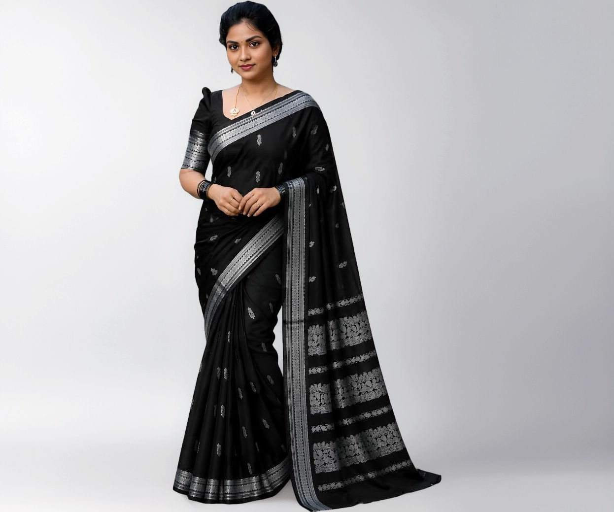 ILAIYAAL CLOTHINGS South Cotton Gadwal Saree for Women | Celebrity Inspired Traditional Ethnic Wear | Chettinad & Kalyani Cotton Sarees | Soft Cotton Saree with Blouse Piece - Black Silver - Image 1