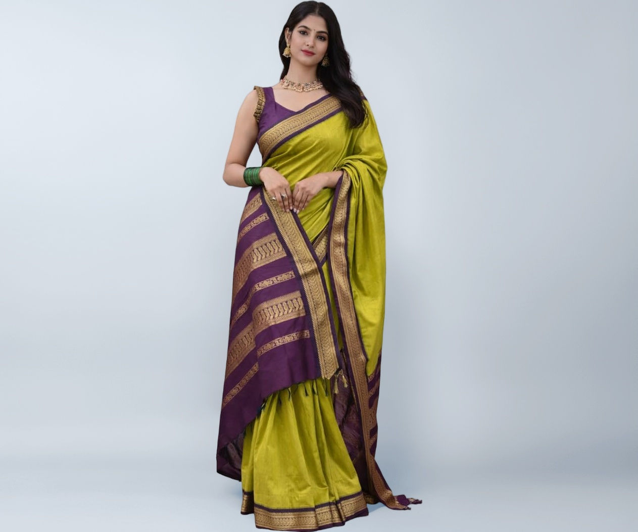 ILAIYAAL CLOTHINGS South Cotton Gadwal Saree for Women | Celebrity Inspired Traditional Ethnic Wear | Chettinad & Kalyani Cotton Sarees | Soft Cotton Saree with Blouse Piece - Green Purple - Image 1