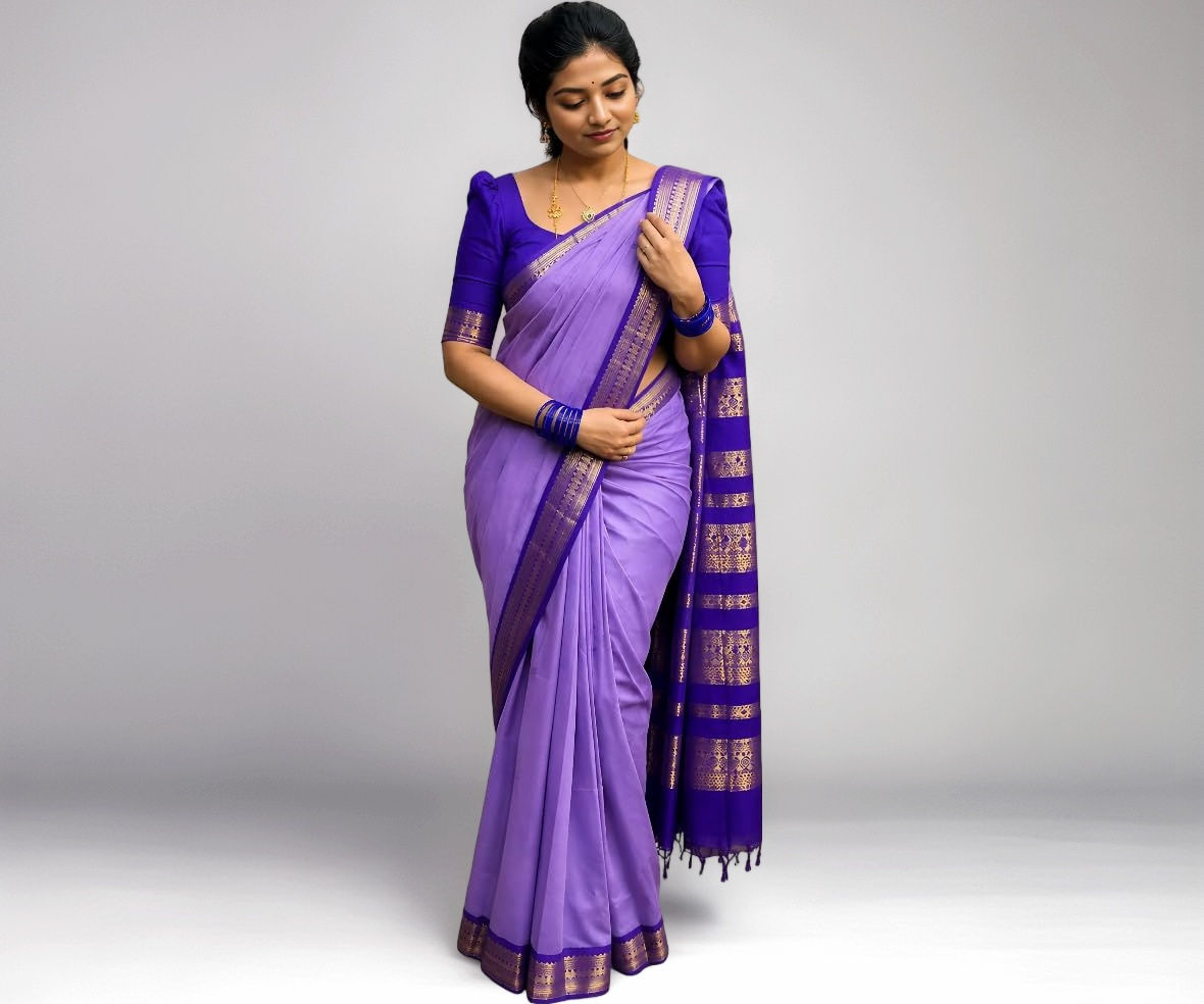 ILAIYAAL CLOTHINGS South Cotton Gadwal Saree for Women | Celebrity Inspired Traditional Ethnic Wear | Chettinad & Kalyani Cotton Sarees | Soft Cotton Saree with Blouse Piece - Lavender - Image 1