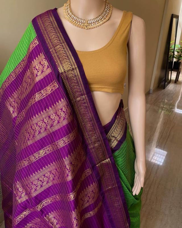 ILAIYAAL CLOTHINGS South Cotton Gadwal Saree for Women | Celebrity Inspired Traditional Ethnic Wear | Chettinad & Kalyani Cotton Sarees | Soft Cotton Saree with Blouse Piece - Mint Green Purple - Image 5