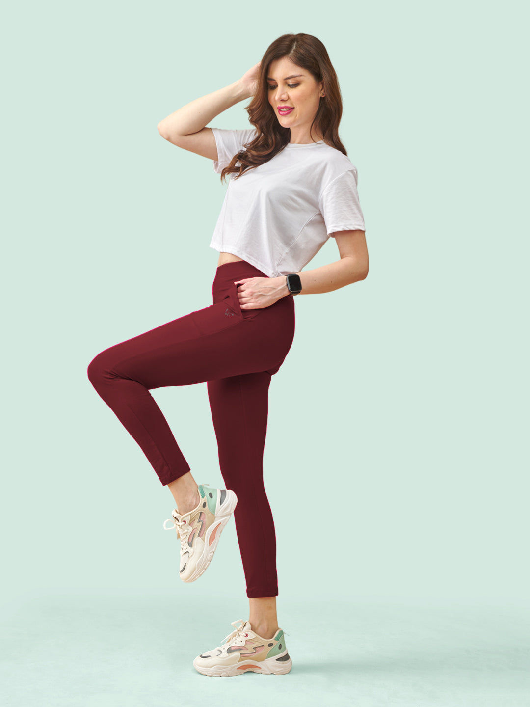 Maroon High Rise Ankle Length Leggings