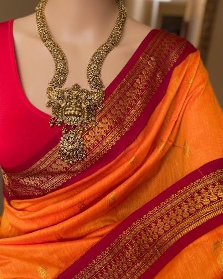 ILAIYAAL CLOTHINGS South Cotton Gadwal Saree for Women | Celebrity Inspired Traditional Ethnic Wear | Chettinad & Kalyani Cotton Sarees | Soft Cotton Saree with Blouse Piece - Yellow Red - Image 2