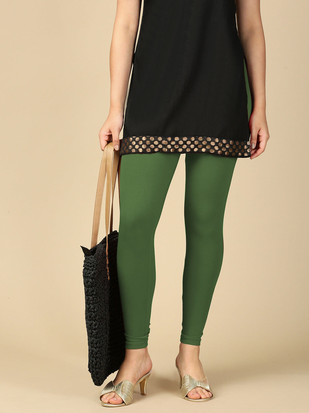 Basil Green Premium Cotton Stretch Ankle Length Leggings