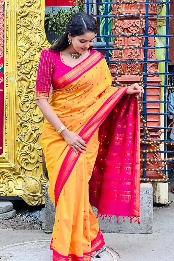 ILAIYAAL CLOTHINGS South Cotton Gadwal Saree for Women | Celebrity Inspired Traditional Ethnic Wear | Chettinad & Kalyani Cotton Sarees | Soft Cotton Saree with Blouse Piece - Yellow Rani - Image 4