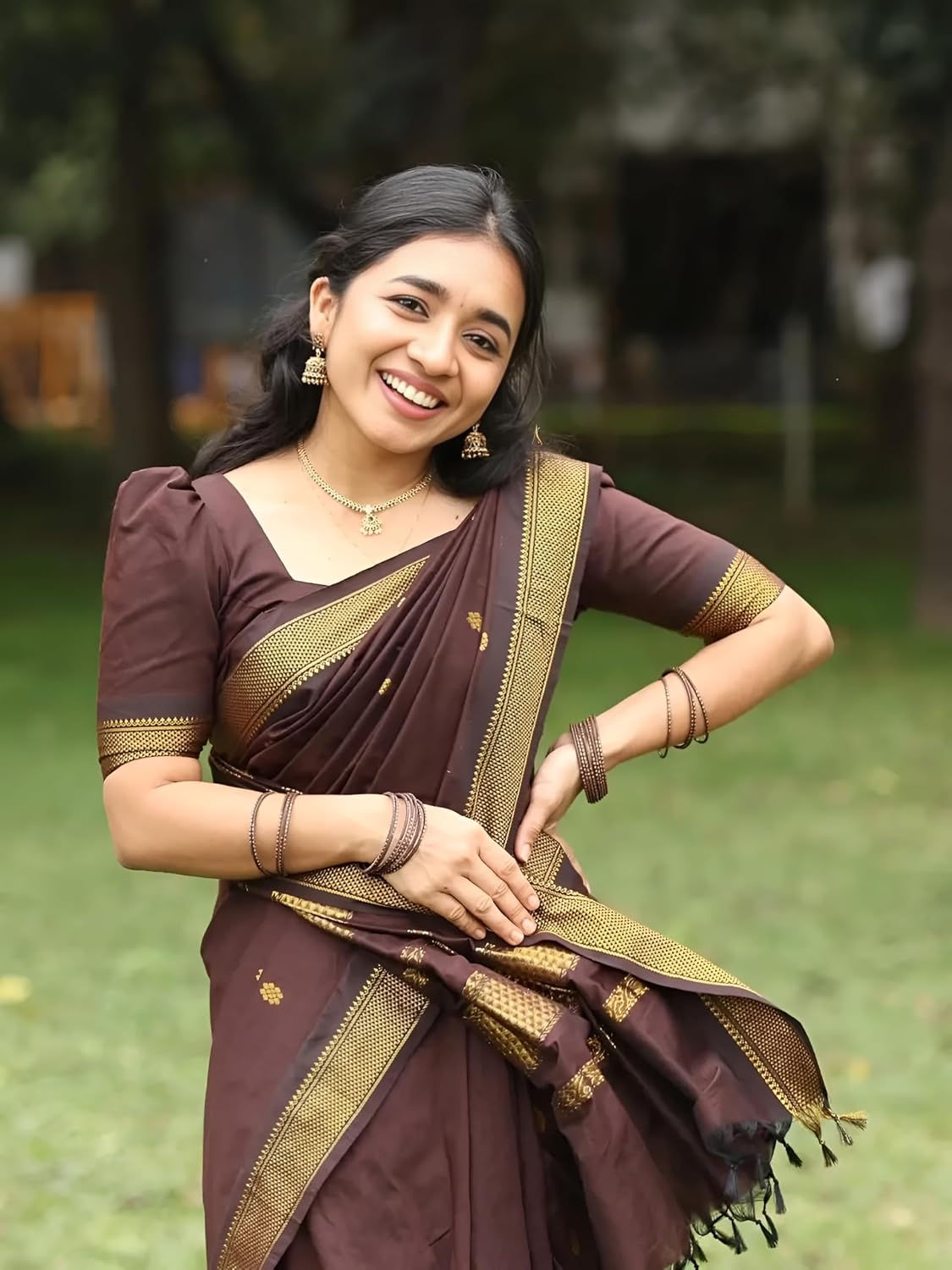 ILAIYAAL CLOTHINGS South Cotton Gadwal Saree for Women | Celebrity Inspired Traditional Ethnic Wear | Chettinad & Kalyani Cotton Sarees | Soft Cotton Saree with Blouse Piece - Coffee Brown - Image 2