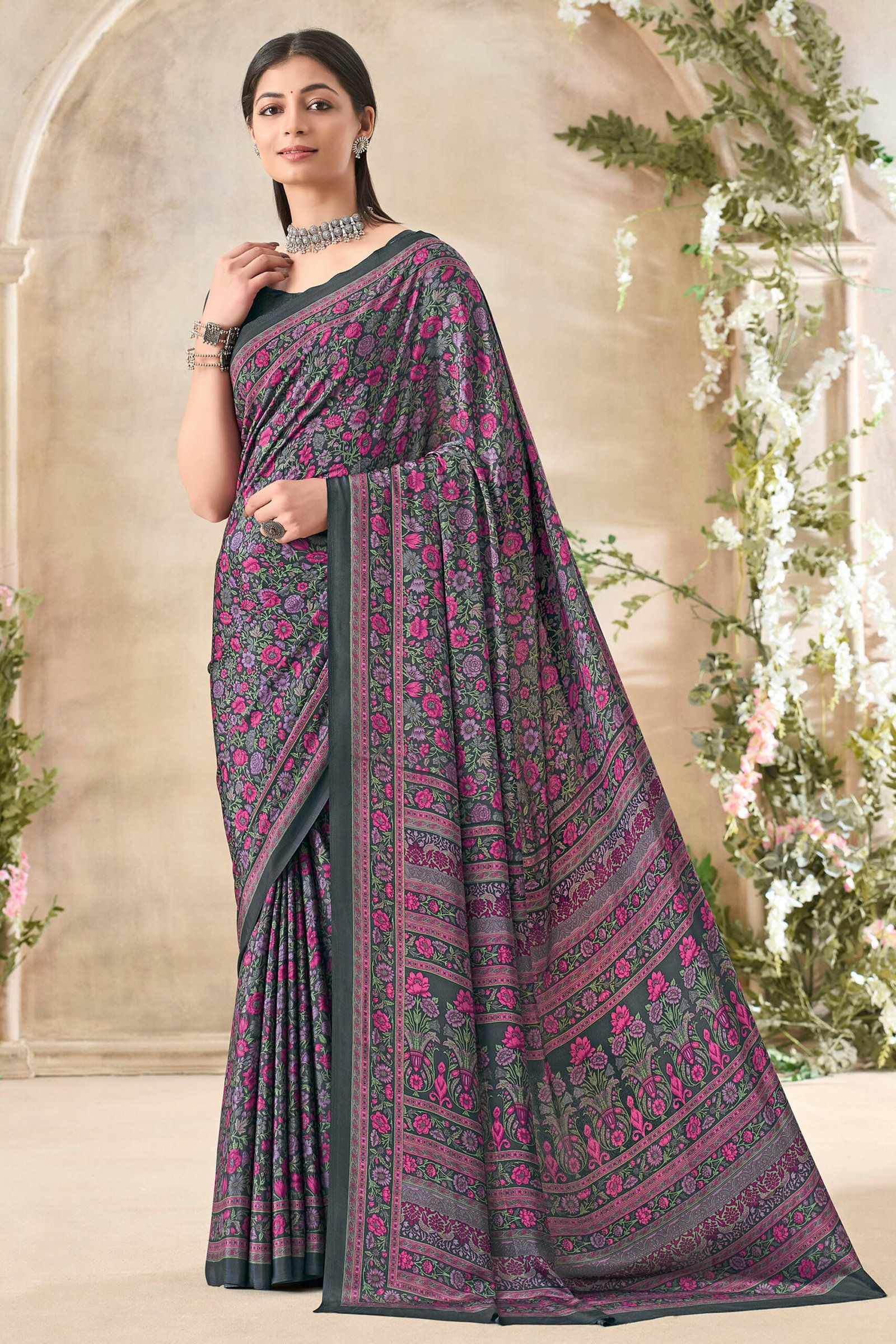 Glamorous Grey Floral Print Silk Crepe Uniform Saree - Image 1