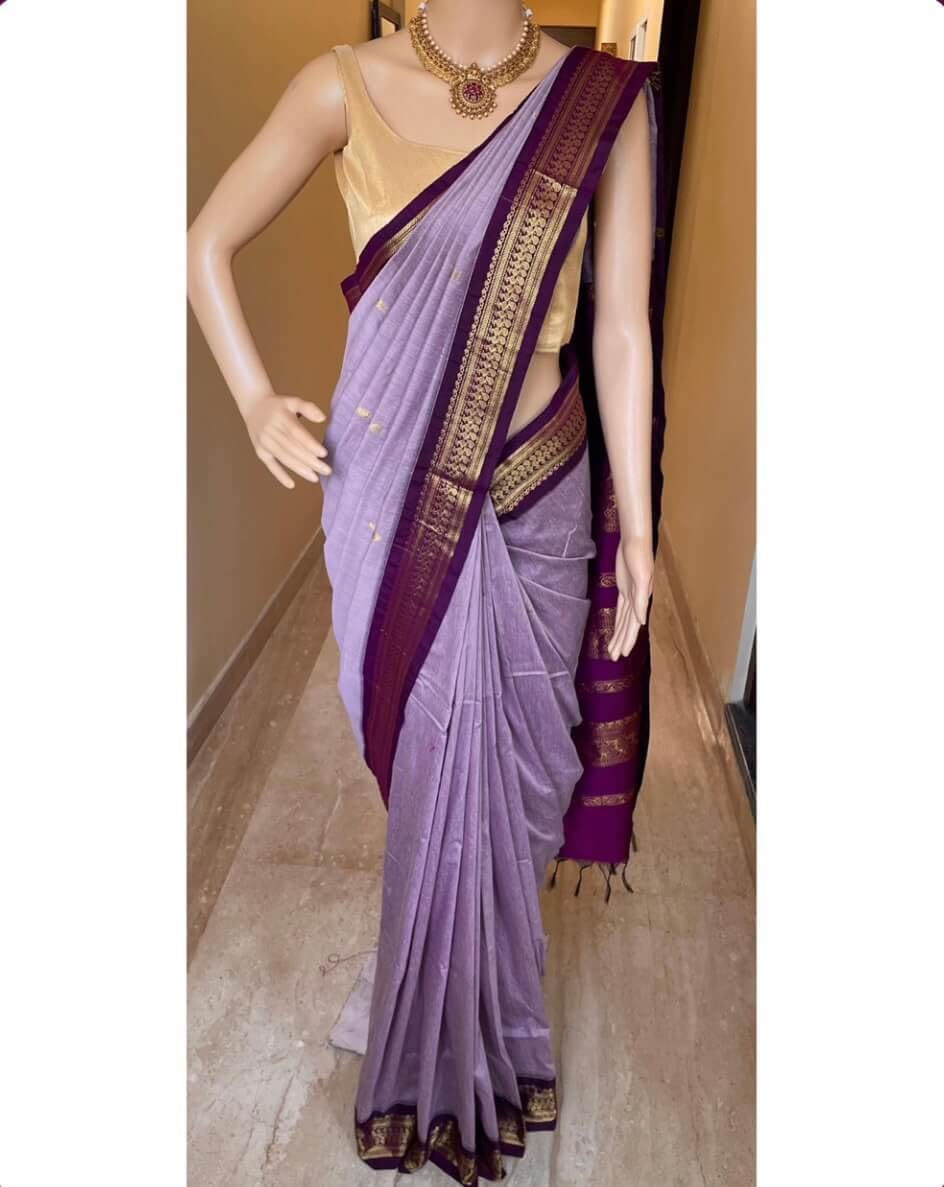 ILAIYAAL CLOTHINGS South Cotton Gadwal Saree for Women | Celebrity Inspired Traditional Ethnic Wear | Chettinad & Kalyani Cotton Sarees | Soft Cotton Saree with Blouse Piece - Grey Purple - Image 6