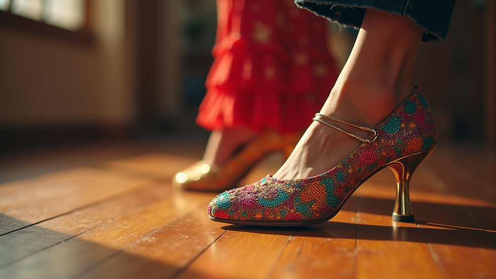 Close-up view of a colorful salsa dance shoe on a wooden floor