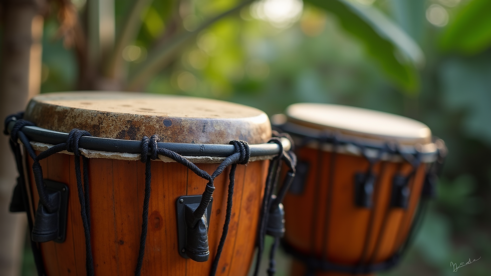 Close-up view of traditional Caribbean drums used in Afro-Caribbean music
