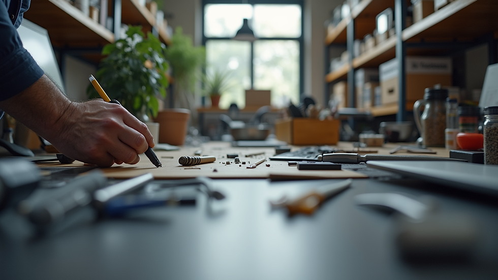 Eye-level view of a modern workspace with organized tools and materials