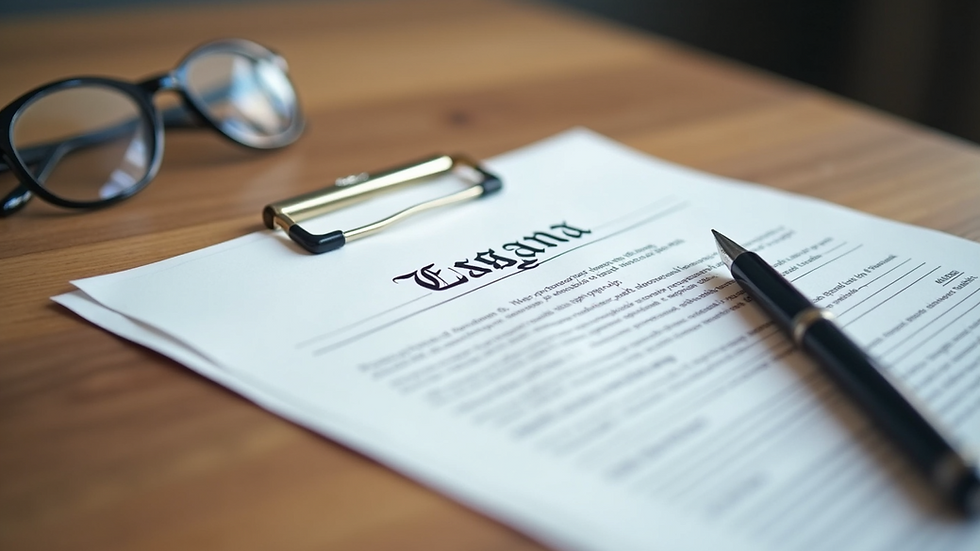 Eye-level view of a legal document and pen on a wooden table