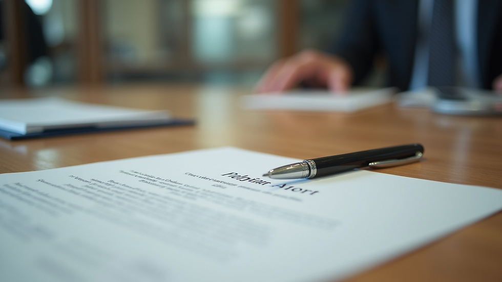 Eye-level view of a legal document and pen on a wooden table