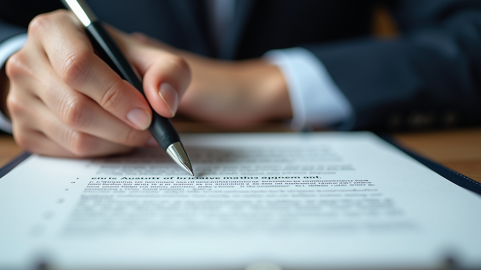 Close-up view of hands holding a pen over a signed agreement