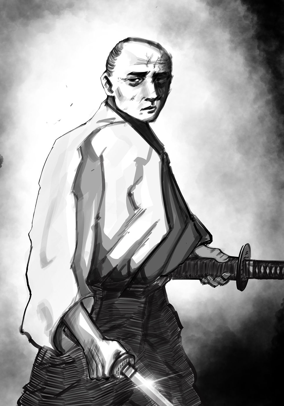 This Is A Ink Drawing Of A Martial Arts Swordsman